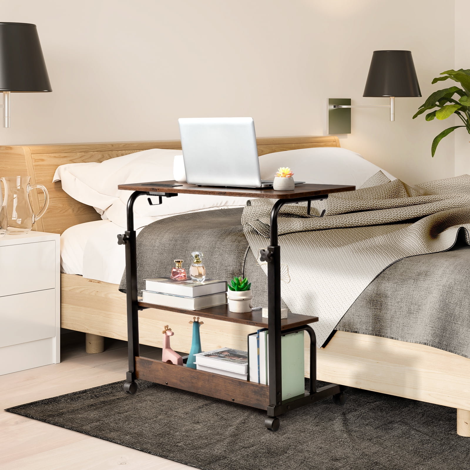 Zimtown Rolling Computer Desk Stand Side Table Coffee Sofa End Cart Laptop PC Tray with USB Charging Station