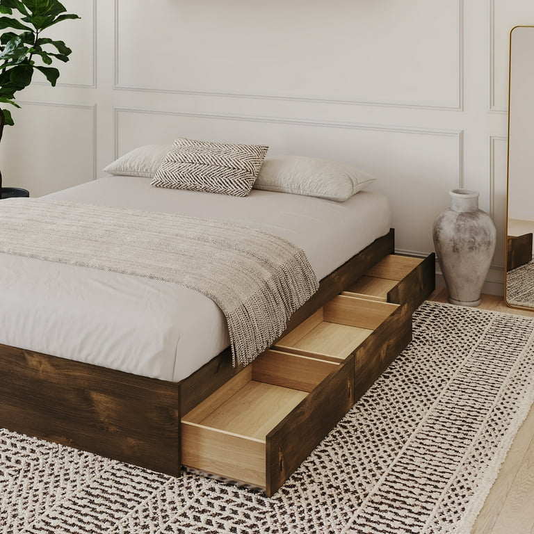 Nexera Full Size Storage Wood Bed Frame with 3 Drawers, Truffle
