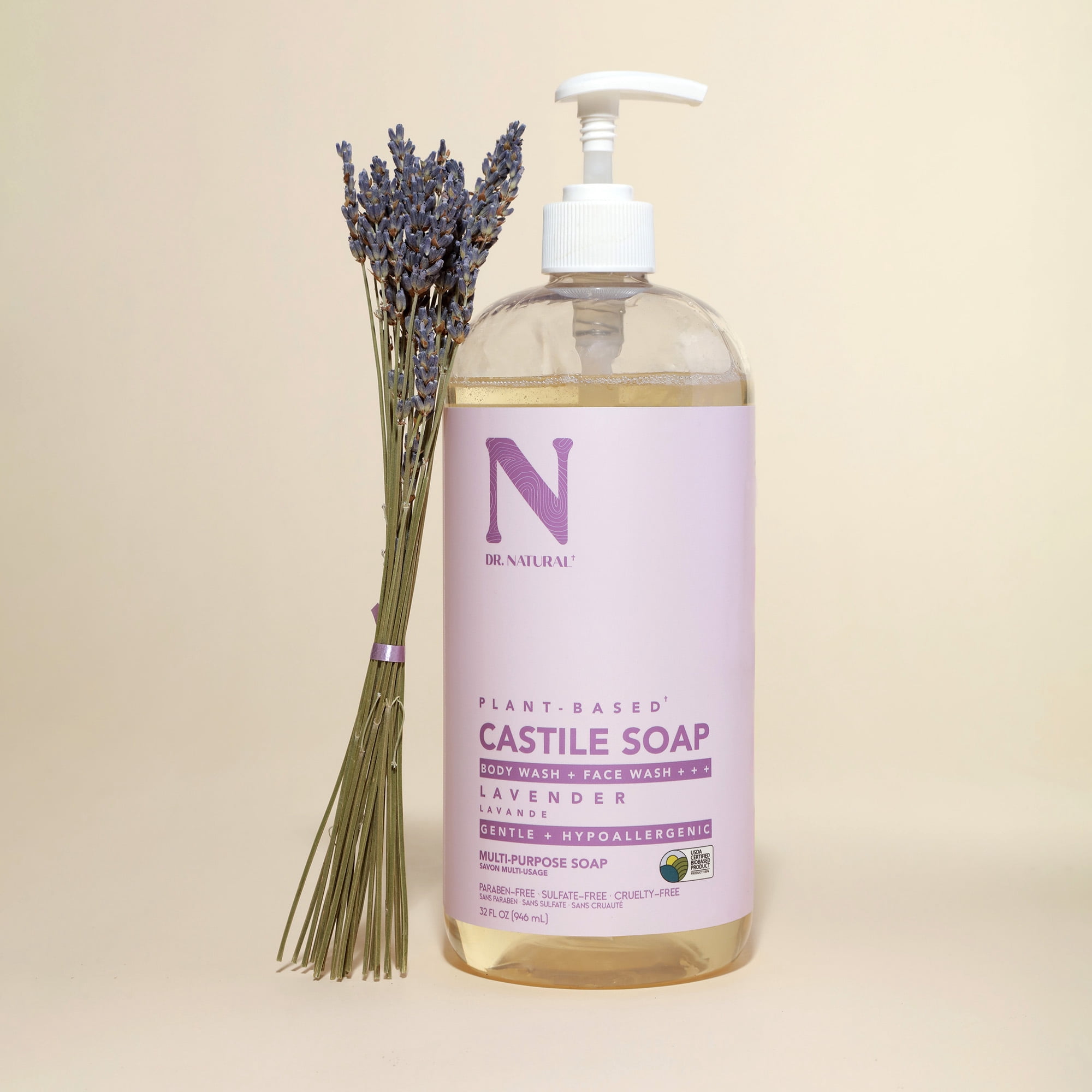 Dr. Natural Castile Liquid Soap, Bathroom Soap, Lavender, 32 oz, 2 pk