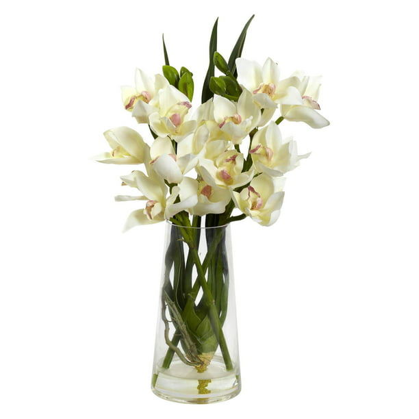 Nearly Natural Cymbidium Orchid Silk Flower With Glass Vase