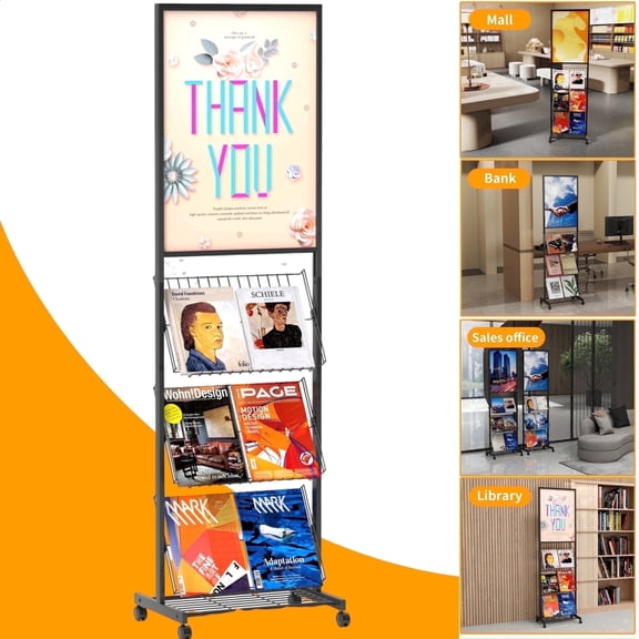VGBYUJ Metal Magazine Rack 68in Height, Floor Standing Poster Holder with Wheels for Office, Home, Shops