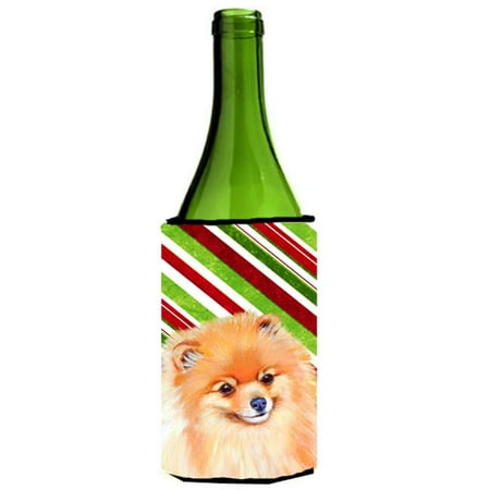 

Pomeranian Candy Cane Holiday Christmas Wine bottle sleeve Hugger - 24 oz.