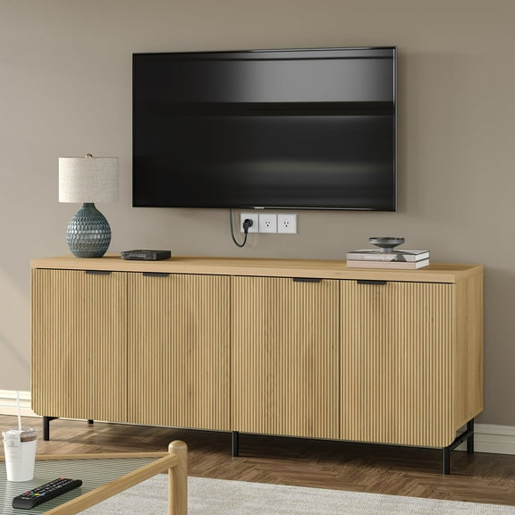 Furnihold Buffet Cabinet with Storage 66.2''W Modern Sideboard with 4 Fluted Doors & Shelves Wood Kitchen Buffet Table Fluted Cabinet for Living Room, Natural Oak