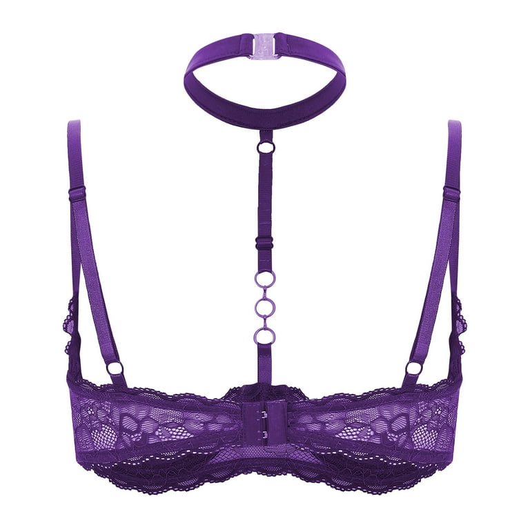 YONGHS Womens Sheer Lace Lingerie 1/4 Cups Bare Exposed Breast Underwire  Halter Neck Push Up Bra Top Purple 4XL