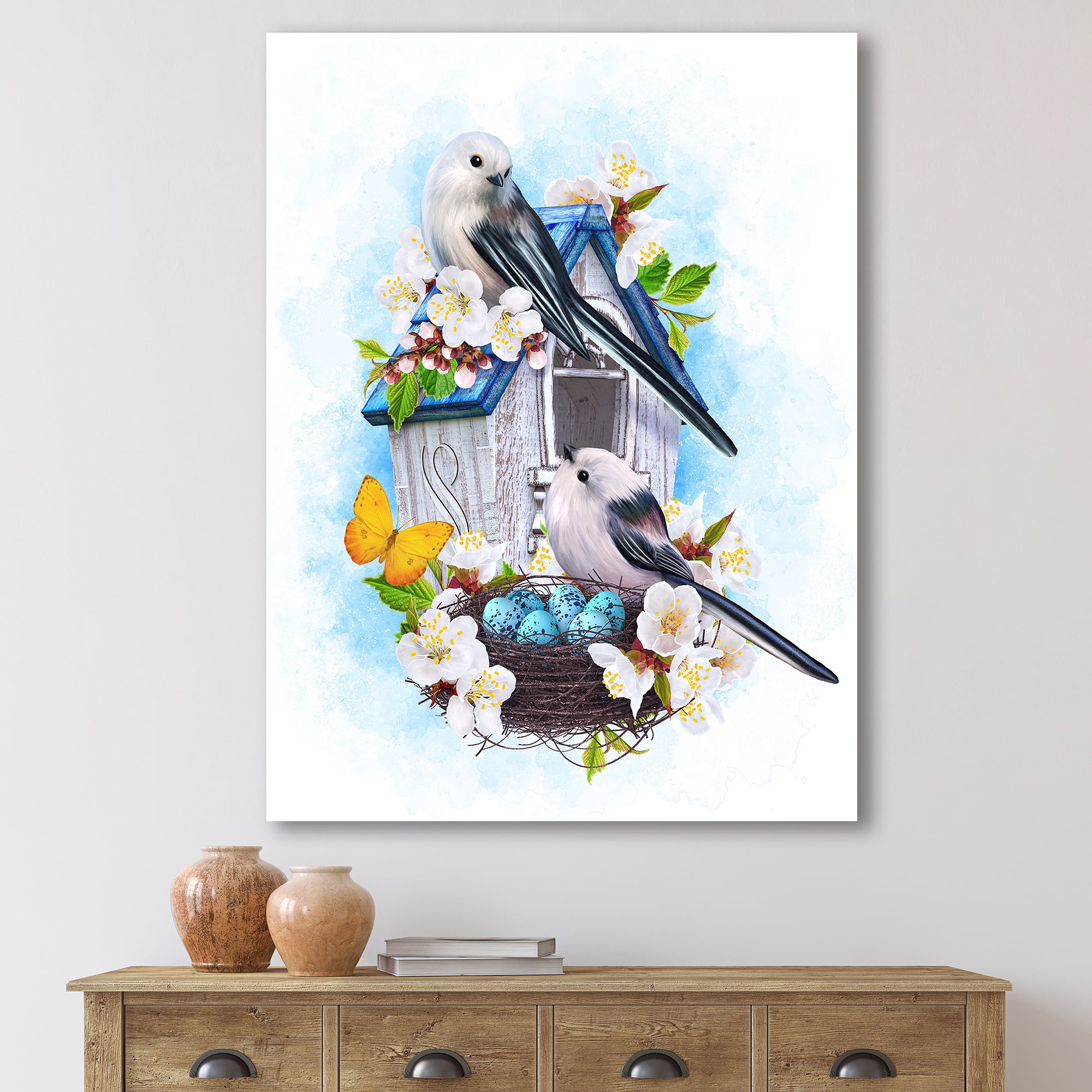 Two Tit Birds Sitting Near The Nest With Eggs and White Flowers II 16 in x 32 in Painting Canvas Art Print, by Designart