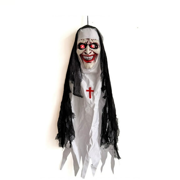 Outdoor Halloween Animatronics Decoration,37.4" Scary Eivl Nun with Lights Eyes and Spooky Sounds for Yard,Patio,Haunted House,Hanging Demon Nun Prop with Sound Activated