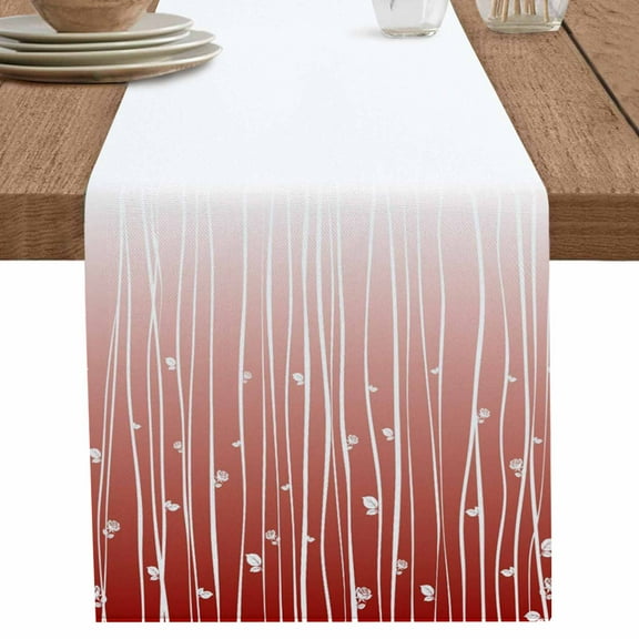 Abstract Summer Leaves Branch on Red Table Runner-70 Inch Long Watercolor Plant Table Runners Linen Burlap Tablerunner for Kitchen Dining Room Holiday Party