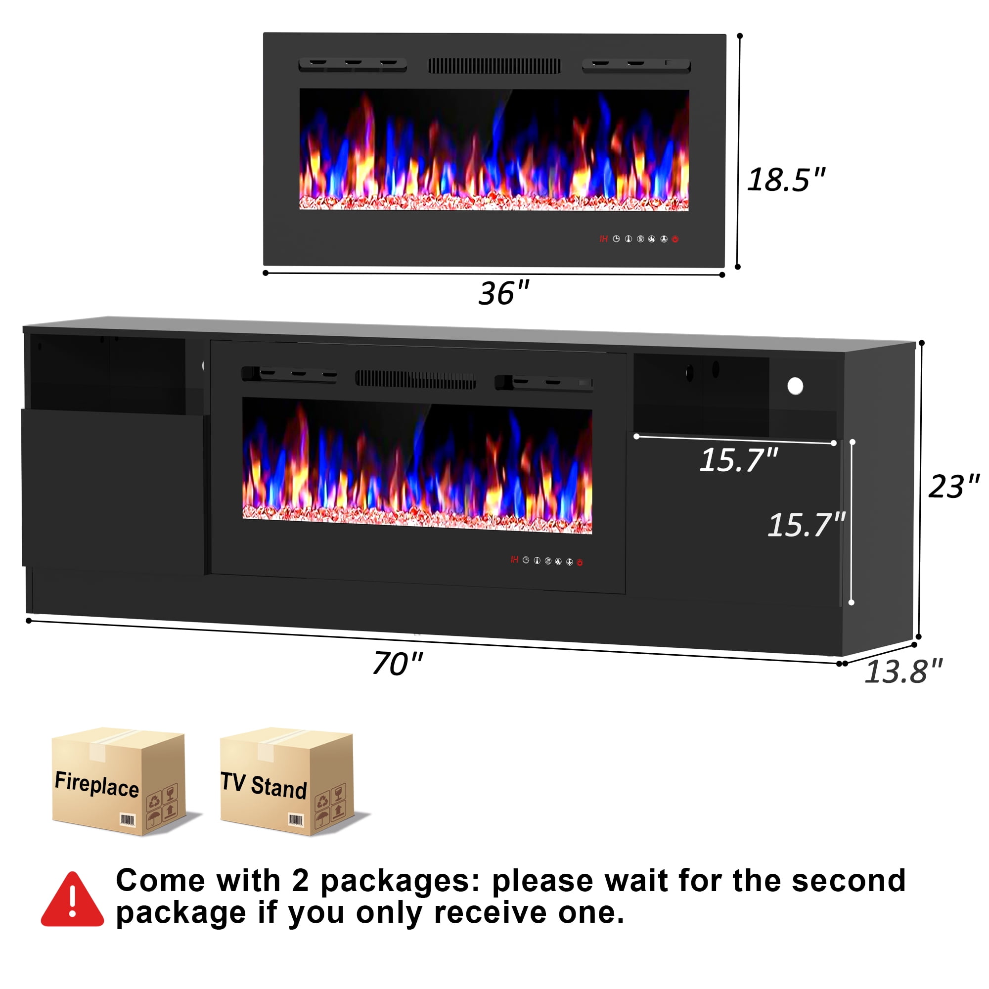 HARIPUL 70" Fireplace TV Stand for TVs Up to 80" with 36" Electric Fireplace, TV Console for The Living Room, LED Light Entertainment Center, Storage Cabinet, Media Console Table, Black