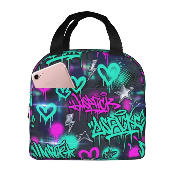 Lips Lunch Bag Stylish Red Kiss Print Insulated Lunch Box For Women Men Reusable Cooler Tote With Front Pocket Handheld Meal Prep Bag For Work Office Daily