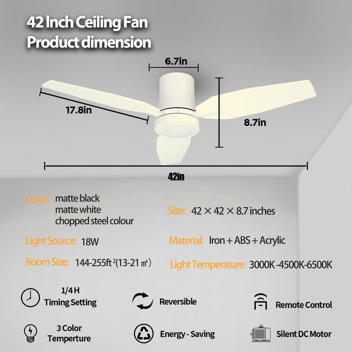 Vagizm 42 Inch Flush Mount Ceiling Fan with Light - 3 Blades Modern Ceiling Fan for Living Room and Bedroom - Quiet DC Motor - Dimmable - Reversible Function - White