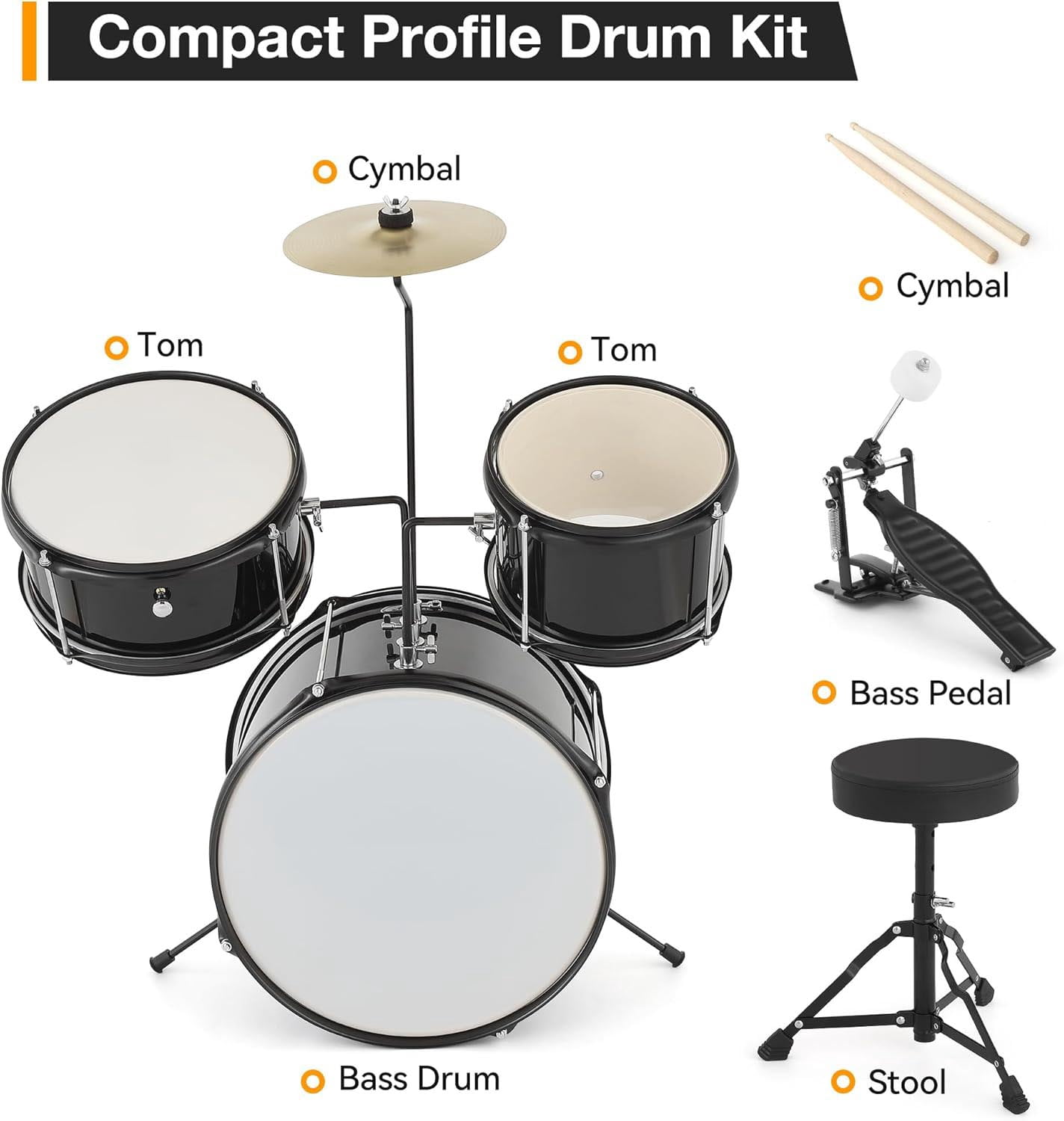 Huisuilinss 3 Piece Kids Drum Set with Cymbal, Beginner Junior Drum Sets with 14.76'' Bass Drum, Tom, Pedal, Drumsticks, Adjustable Seat, Drumset for Junior Boys and Girls