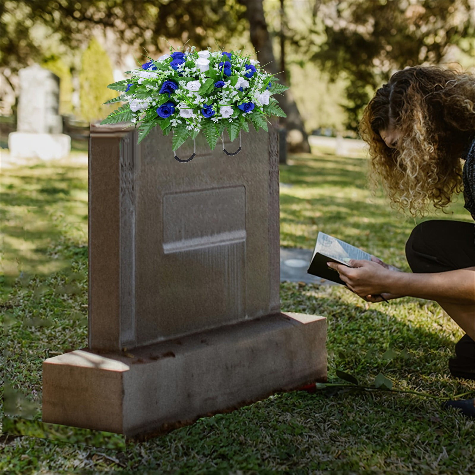 Safeglitz Artificial Cemetery Flowers Saddle Arrangement - Non-Fading Grave Decor, Weather-Resistant Memorial Floral, Cemetery Saddle Flowers