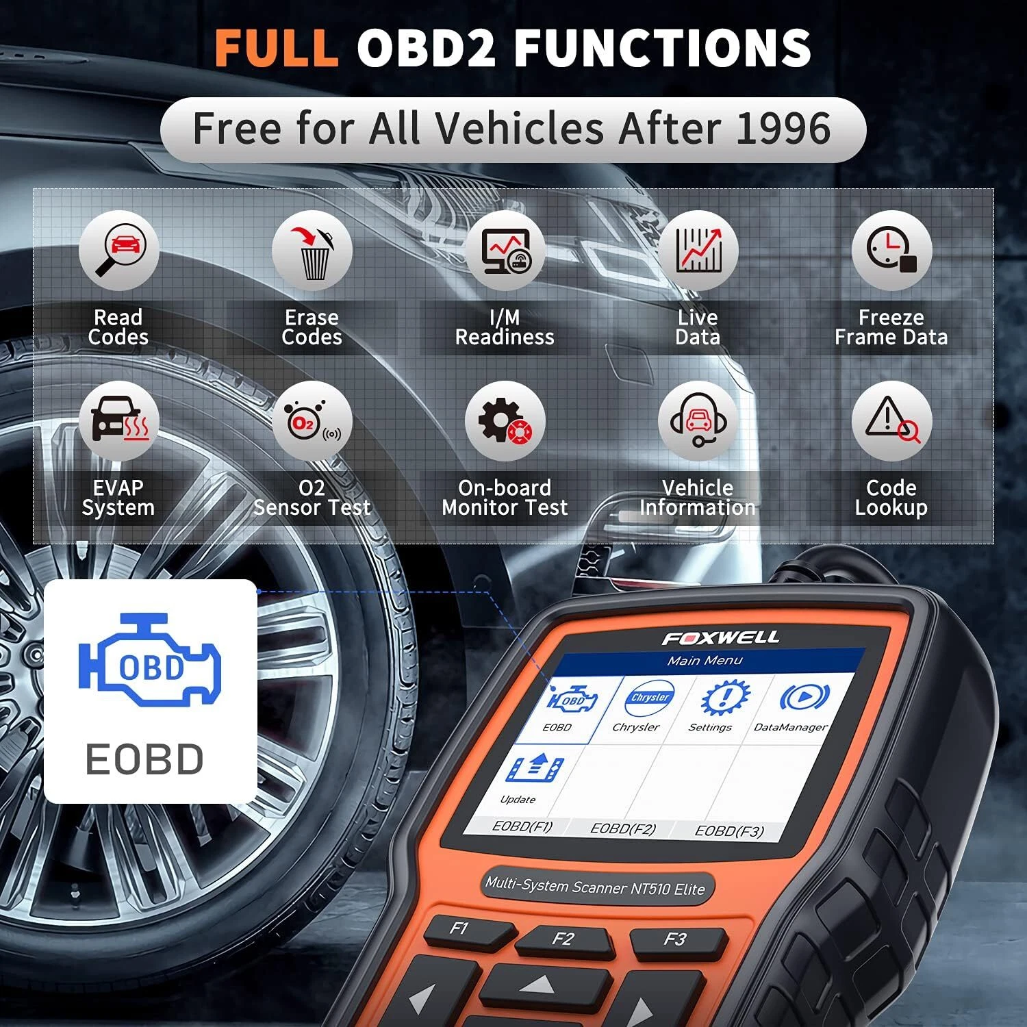 Foxwell NT510 Elite Car Scanner Bidirectional Control Test Diagnostic Tool OBDII Code Reader OBD2 Scanner Full System Full Maintenance Reset Automotive Scanner for All Cars EOBD OBD Scanner,Chrysler