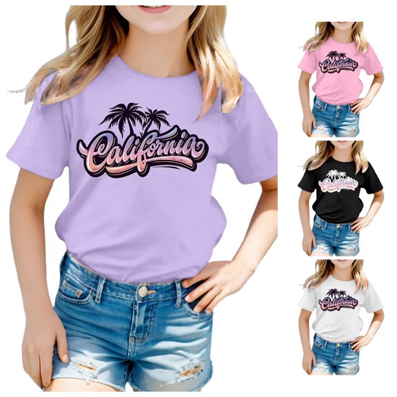 XFeng Kids Florida Palm Tree Graphic T-Shirt, Gradient Letter Coconut Tree Short Sleeve Casual Tee