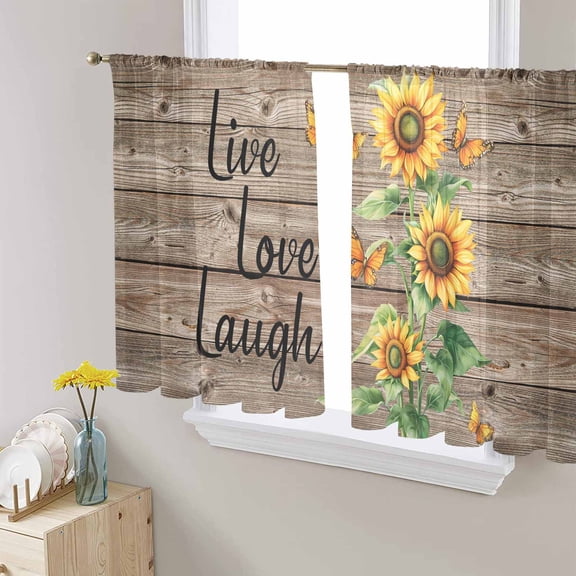 Sunflower Rustic Sheer Curtains 54 Inches Length 2 Panels Set, Window Sheer Curtains for Living Room/Bedroom, Vintage Wooden Flowers Butterfly Light Filtering Rod Pocket Curtain 52'' x 54'' x 2