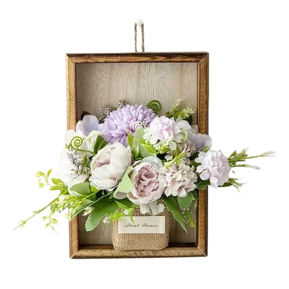 Artificial Hanging Peony Flowers with Wooden Frame, Hydrangea Door Hanger Basket Wreath Mural,Farmhouse Spring Wreath with Wildflowers, Mother's Day Decor for Porch, Wall,Home Decor