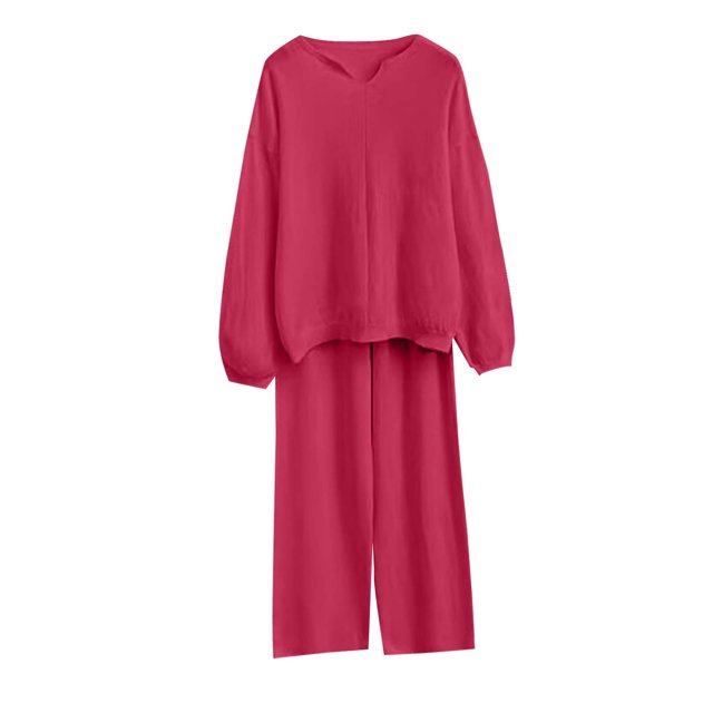 Woman Clothes Women's Solid Color High Waisted Lace Up Button Up Long Sleeved Loose Jumpsuit Red B Free Size
