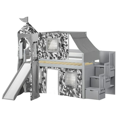 JACKPOT! Castle Low Loft Stairway Bed with Slide Gray Camo Tent and Tower Loft Bed Twin Gray
