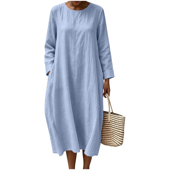 Guieoi Shift Dresses for Women 2026 Fall Round-Neck Long-Sleeve Cotton-Linen Dress with Pockets Blue XL