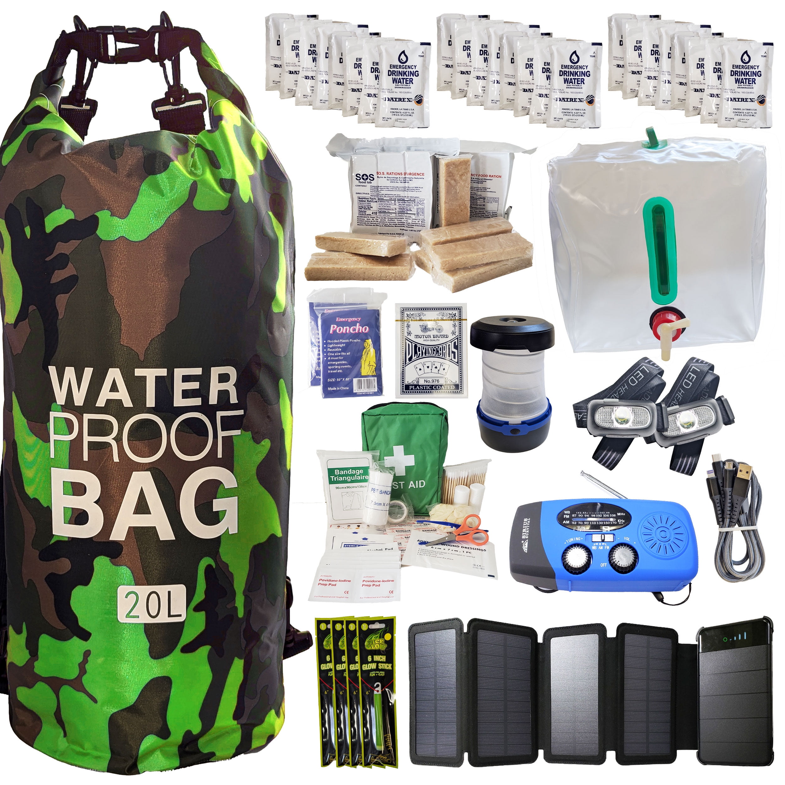 Sirius Survival Pre-Packed Hurricane Kit - Comprehensive Hurricane Preparedness Items - Essential Hurricane Supplies - Complete Hurricane Supply List in a Waterproof Bag for 2 People - Green Camo