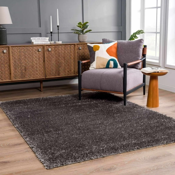 Hauteloom Faina Machine Washable Solid Shag Rug - Plain Living Room Bedroom Shaggy Area Rug - Fluffy Plush High Pile Carpet - Dark Grey, Gray - 7'10" x 10'