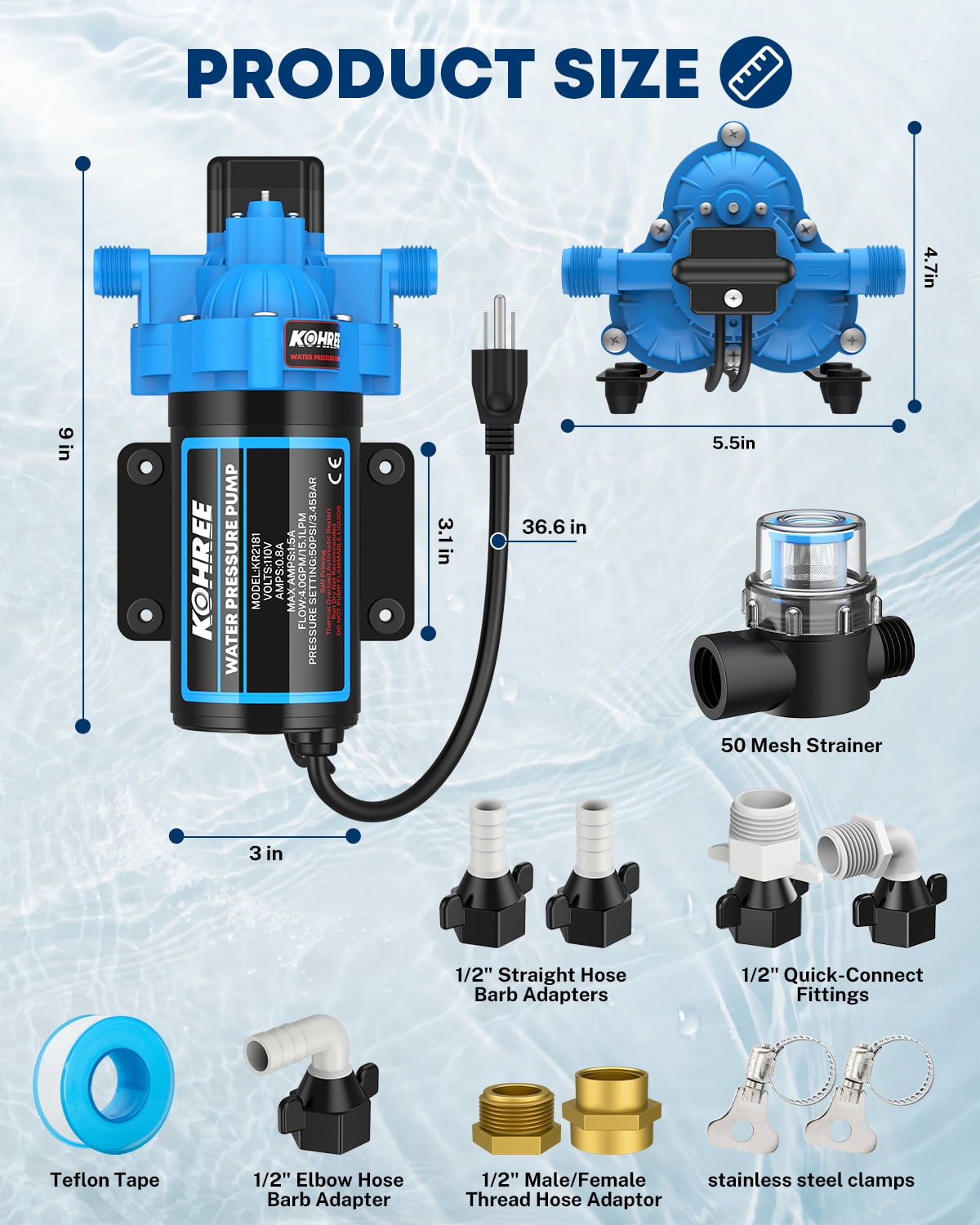 Kohree 110V AC Water Pressure Pump, 4GPM 50PSI Self-Priming RV Water Pump, On Demand RV Fresh 3-Chamber Diaphragm Water Pump, Pressure Switch & Strainer for Home, Garden, Marine, Off-Grid Use
