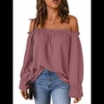 thumbnail image 3 of Blusa Informal Holgada de con Hombros Descubiertos y Volantes de Larga para Mujer. Color de la Raíz de M, 3 of 8