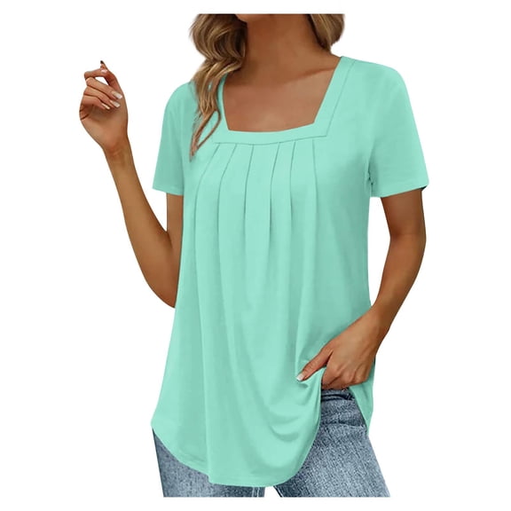 CIENVNSTG Casual Summer Tunic Tops for Women Pleated Design Square Neck Short Sleeve Solid Color Tee Shirts Fashion Clothing for Daily Wear Weekend Outings and Social Gatherings Mint Green XL