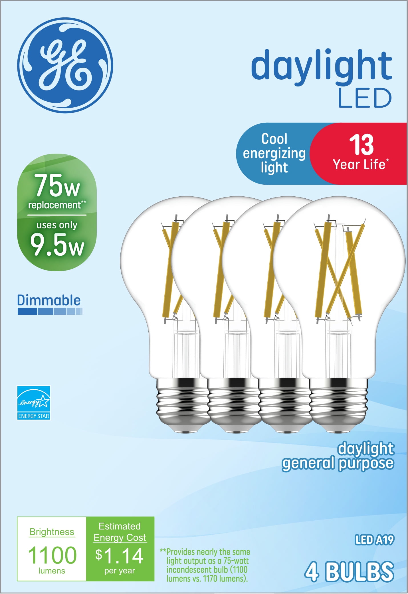 GE Daylight LED Light Bulbs, 75 Watt Eqv, A19 General Purpose, 13 year, 4pk