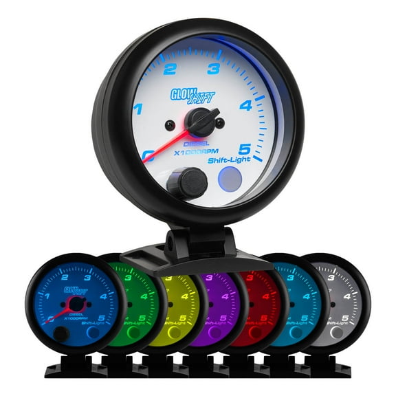 GlowShift White 7 Color 3-3/4" Diesel Tachometer Gauge w Shift Light