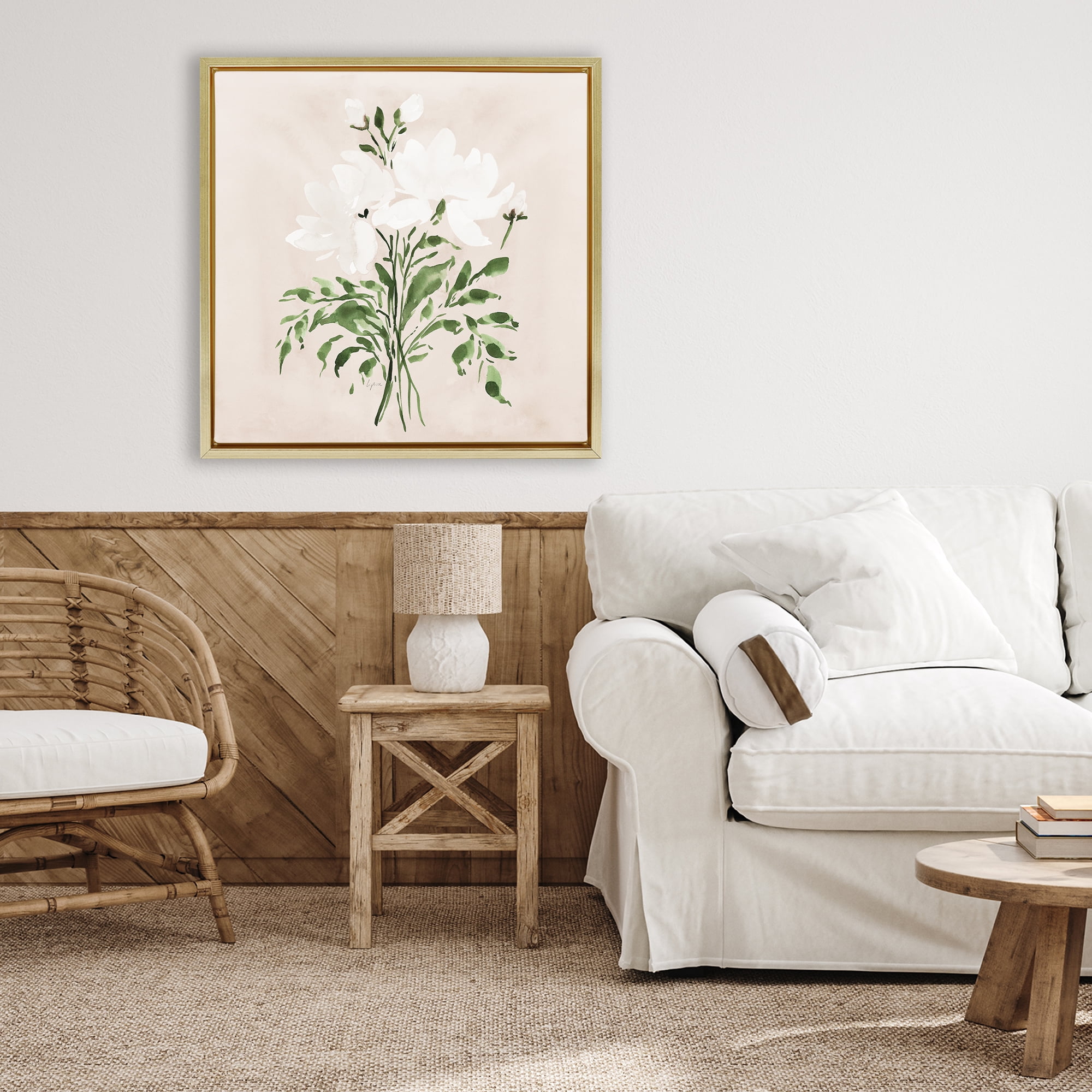 Stupell Industries White On Tan Floral Gold Framed Floater Canvas Wall Art, design by Lucille Price