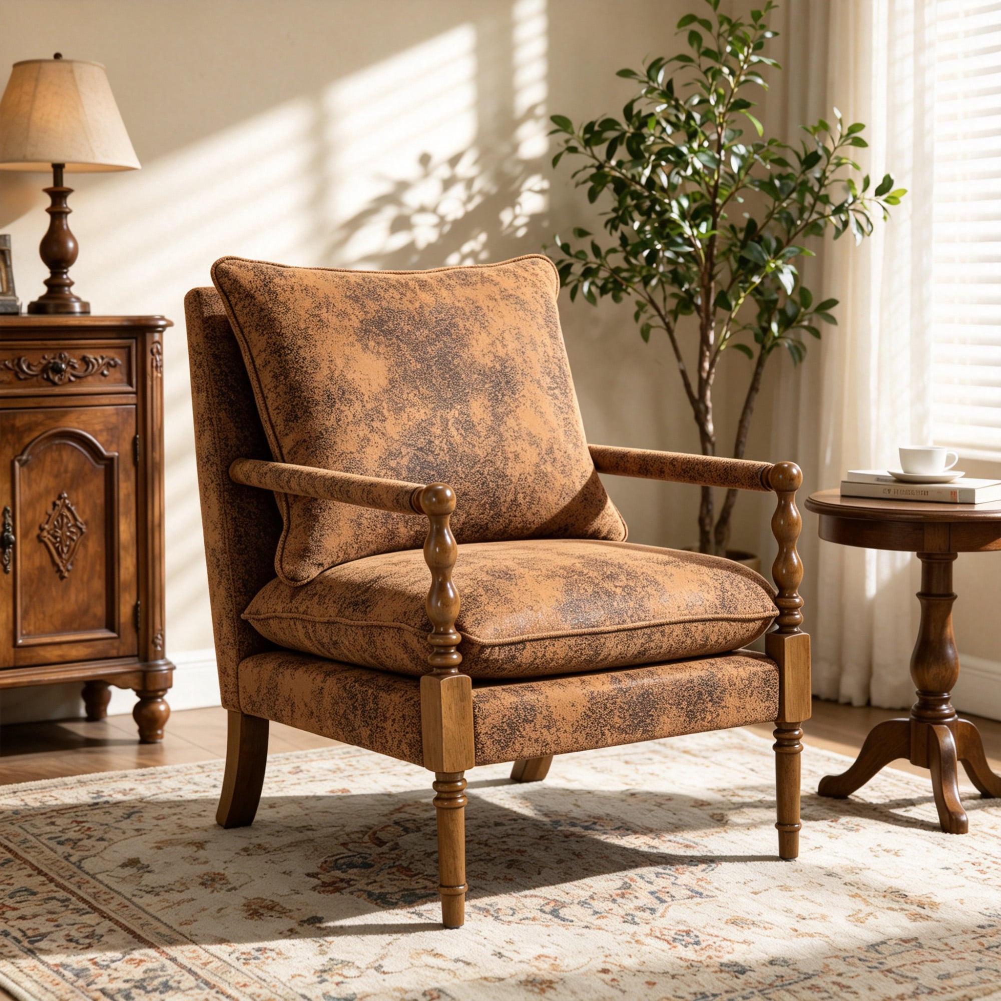 Mid-Century Vintage Spindle Armchair,Tech-Fabric Accent Chair with Cushion & Wood Frame for Living Room Bedroom Office,Coffee