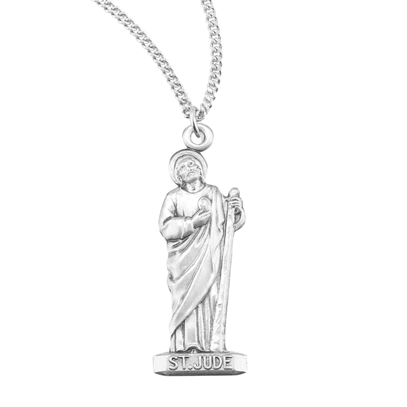 Sterling Silver Patron Saint St Jude Medal, 1.1" x 0.4", 18" Rhodium Plated Stainless Steel Chain Necklace, Made in USA - Deluxe Velvet Gift Box