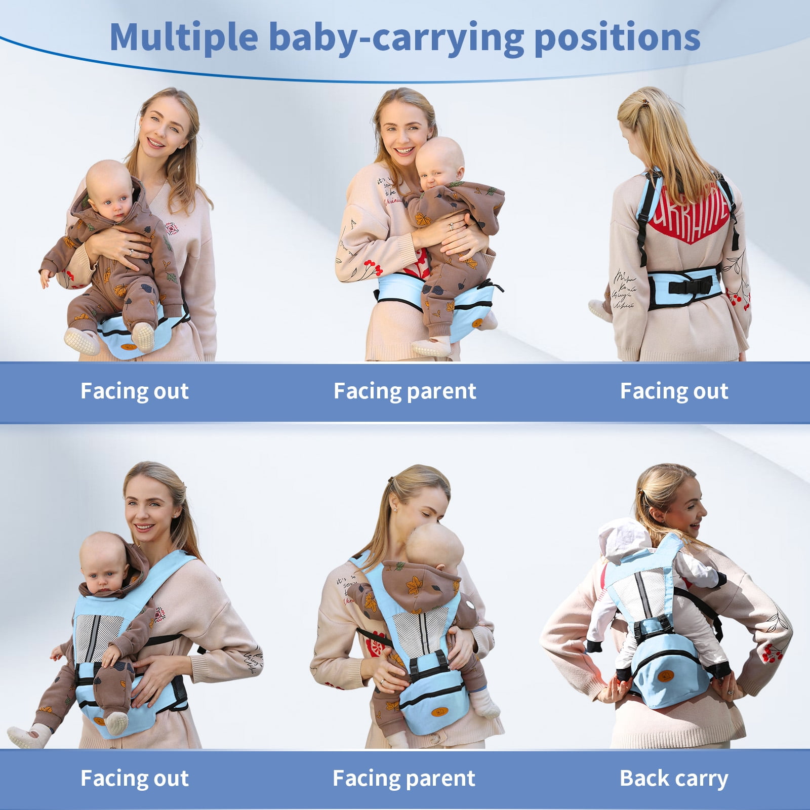 Babyltrl 6-in-1 Baby Carrier with Hip Seat,Ergonomic Infant Carrier Backpack,Breathable Wrap Seat for Newborn Toddlers up to 44 lbs,Blue