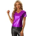 thumbnail image 1 of Camiseta de Color Metálico para Mujer con Cuello en V Party Clubwear Shiny Top Púrpura M, 1 of 5