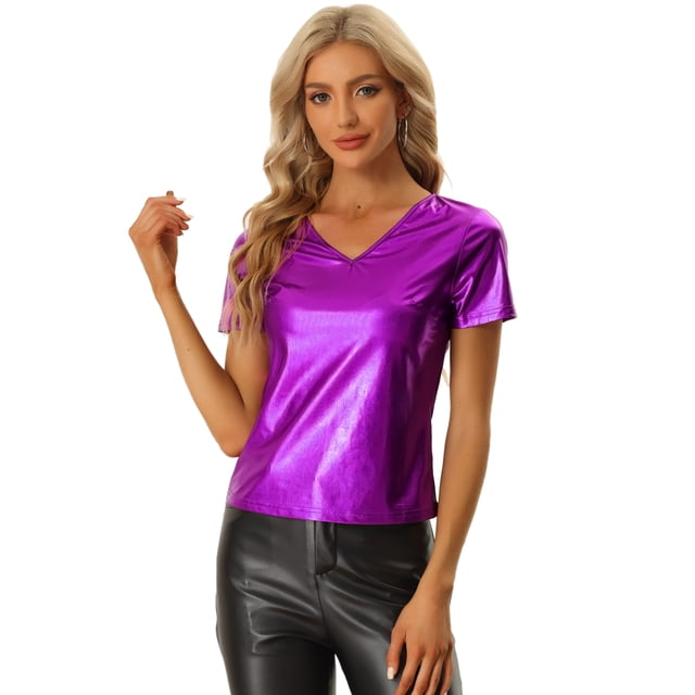 Camiseta de Color Metálico para Mujer con Cuello en V Party Clubwear Shiny Top Púrpura M