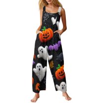 WTOBBY Women's Sleeveless Cotton Romper with Halloween Print, Casual Overalls Featuring Adjustable Straps, Pockets, Comfy Fit for Summer, Cute and Stylish,Multicolor2XL