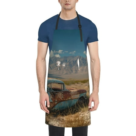 

Lukts Deserted Classic Car Landscape Pattern Kitchen Cooking Aprons Adjustable Bib Soft Chef Apron with 2 Pockets for Men Women