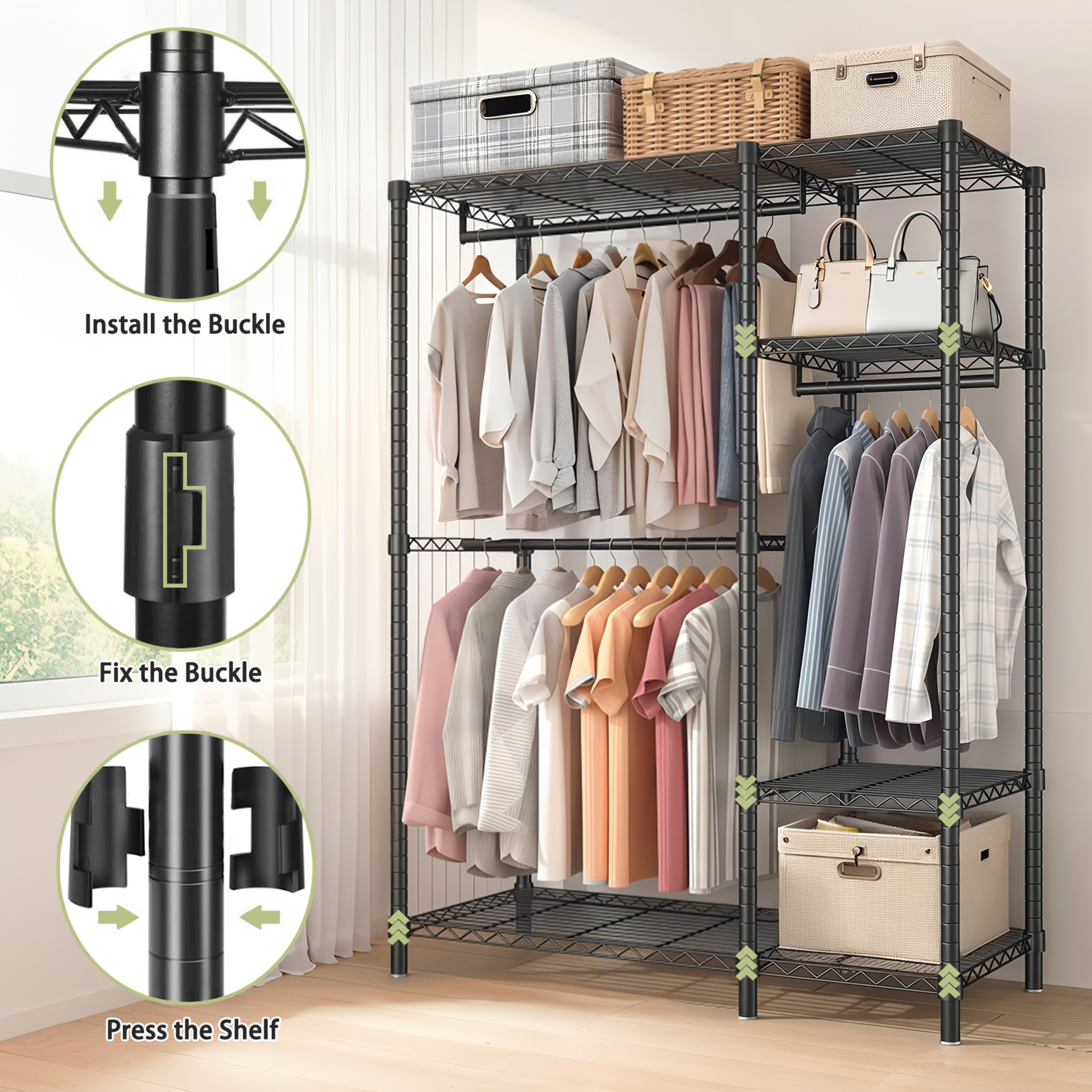 Noble House 76" Heavy-Duty Clothes Rack, Carbon Steel Freestanding Closet Organizer, Adjustable Wire Shelves, Black