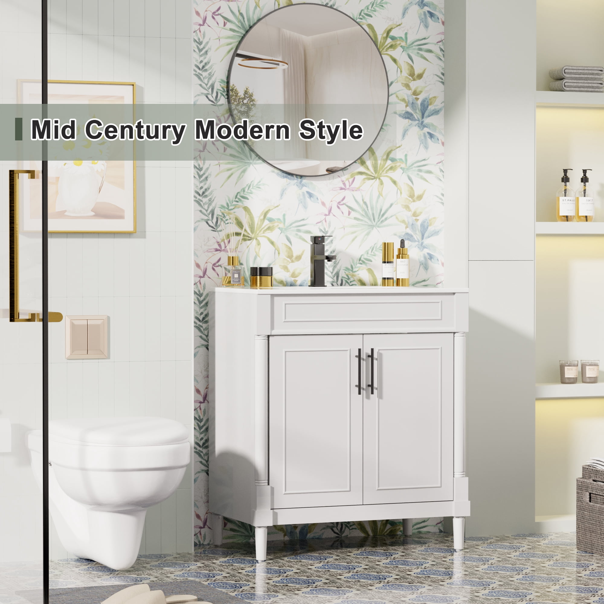 30" Freestanding Bathroom Vanity with Ceramic Sink Top, Faucet, Classic Tapered legs