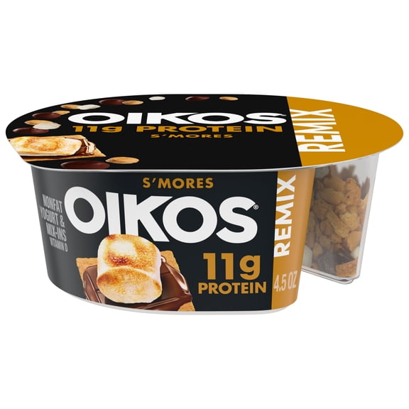 Oikos REMIX S'mores 11g Protein Vanilla Nonfat Greek Yogurt with Graham Cookies, Dark Chocolate and Toasted Marshmallow Bark Mix-Ins, 120 Calories, Great for Office Snacks, 4.5 oz Cup