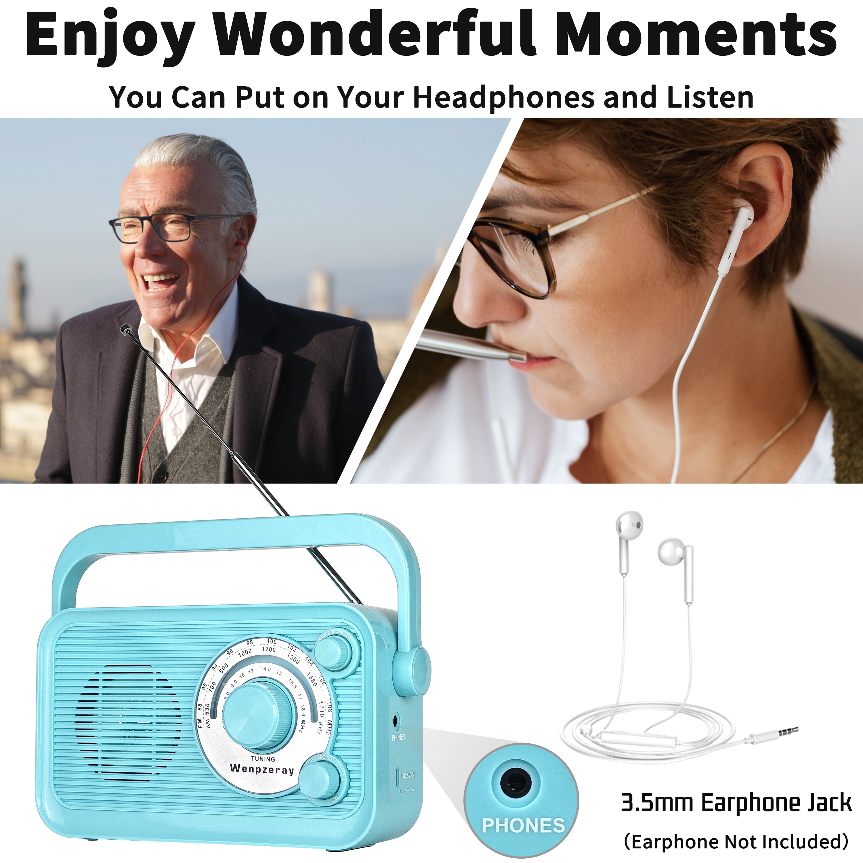 Camping Emergency AM FM Shortwave Radio, DSP Chip Bluetooth Speaker, Type-C Charging Retro Portable Radio Wenpzeray D218 (Blue)