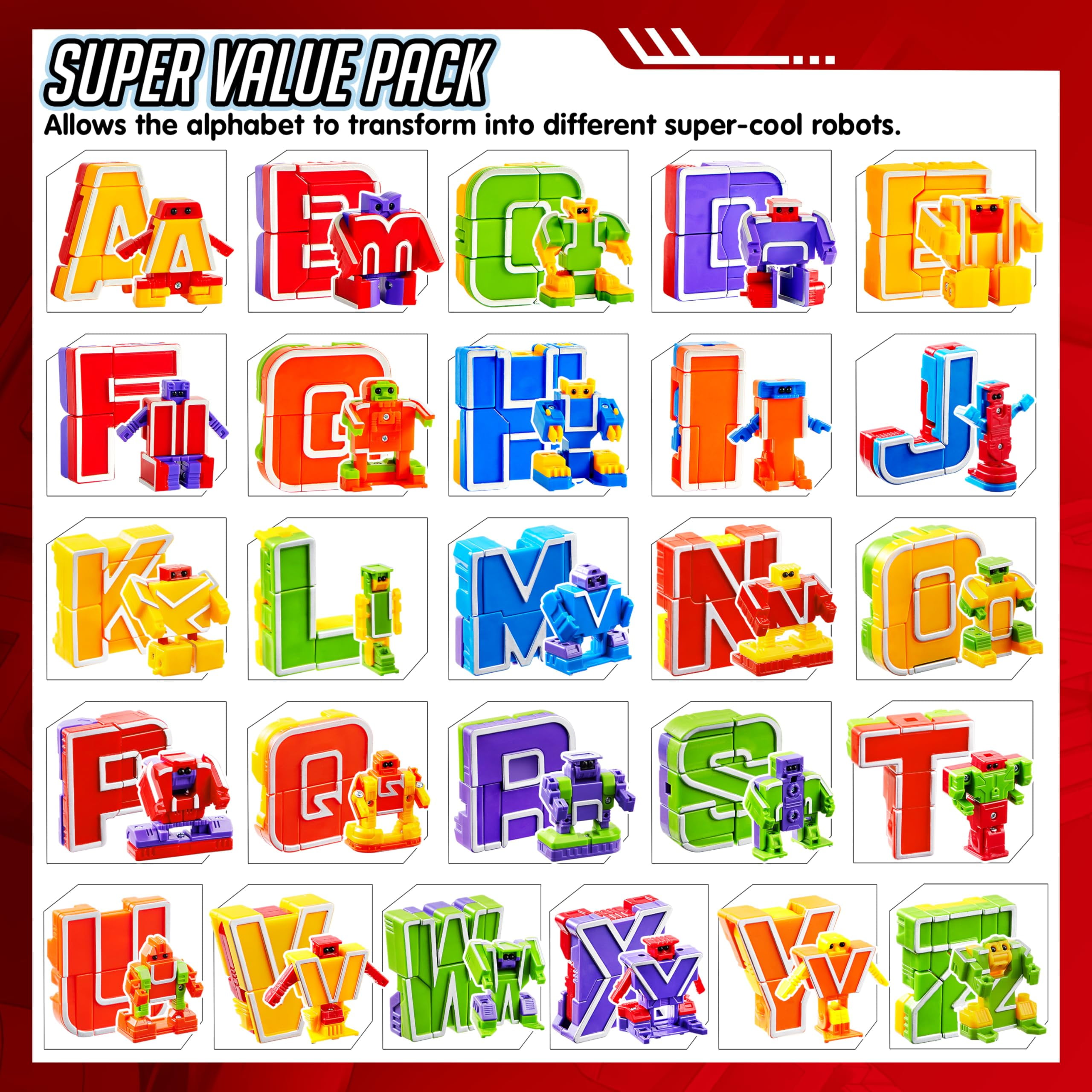 Joyfy 26-in-3 Alphabet Bots Toy 26 Pcs Transforming Robot for Kids Educational Building STEM Toys for Toddlers & Preschool Boys 3 4 5 6 Years Old Gifts for Birthday Christmas, Learning Resources