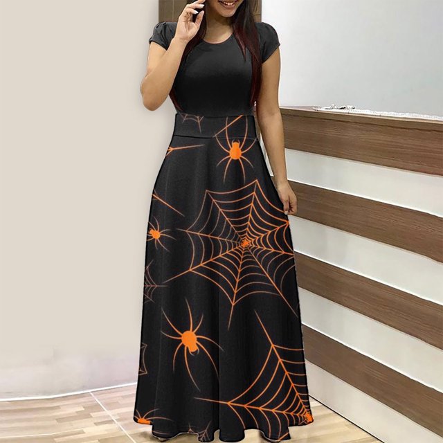 TIMIFIS Robe Longue Maxi d'Halloween pour Femmes Manches Courtes Col Rond Taille Haute Robe Longue Fluide Tendance Graphique Fête Automne/hiver