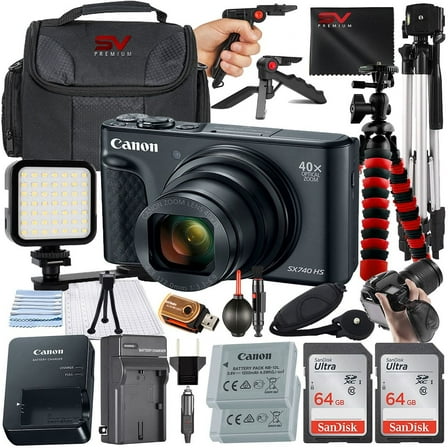 Canon PowerShot SX740 HS Digital Camera (Black) with SanDisk 64GB Memory Card   Case   Tripod   SV Premium Accessory Bundle (International Version)