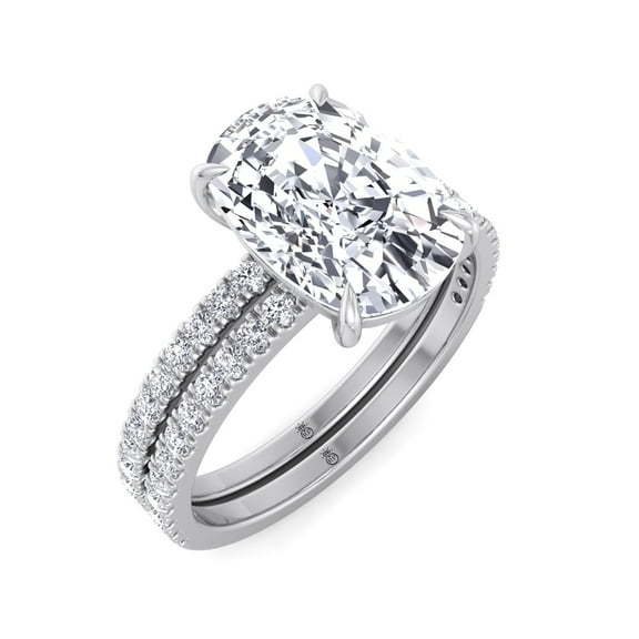 Nevada - Moissanite Elongated Cushion Cut Lab Diamond Engagement Ring With Double Band and Sidestones