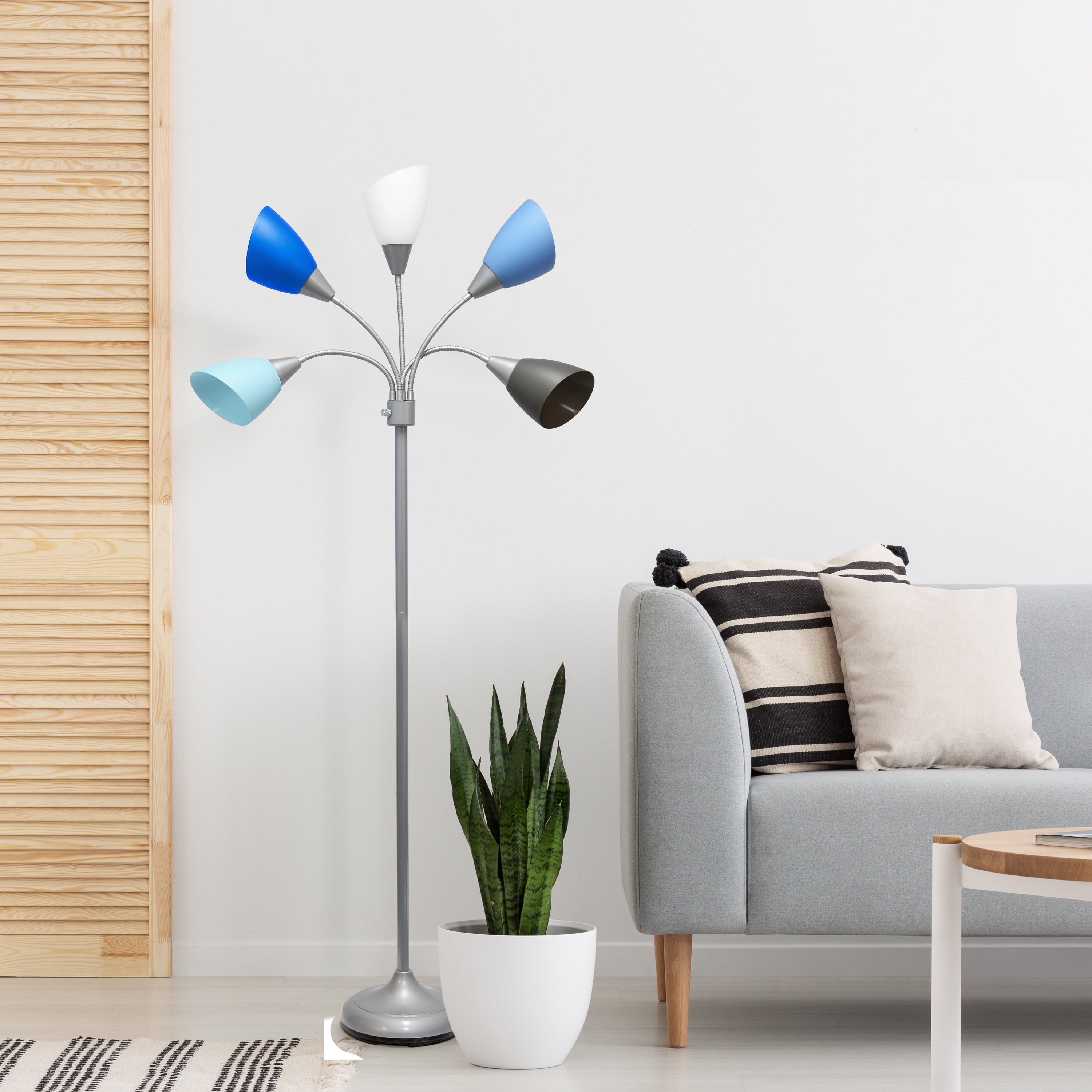 Simple Designs 67" Medusa 5-Light Adjustable Gooseneck Floor Lamp, Silver with Blue/White/Gray Shades