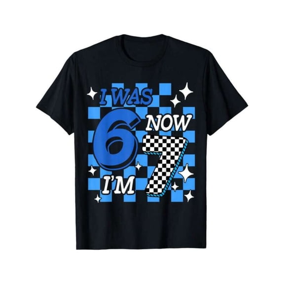 Blue Checkered I Was 6 Now I'm 7 Birthday Boy T-Shirt, T-Shirt for Kids Youth, 180gsm, 100% Cotton