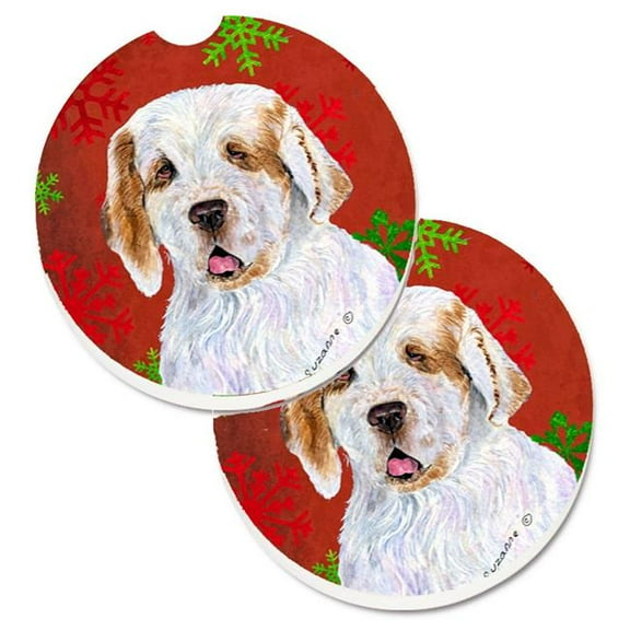 Clumber Spaniel Red & Green Snowflakes Holiday Christmas Set of 2 Cup Holder Car Coaster