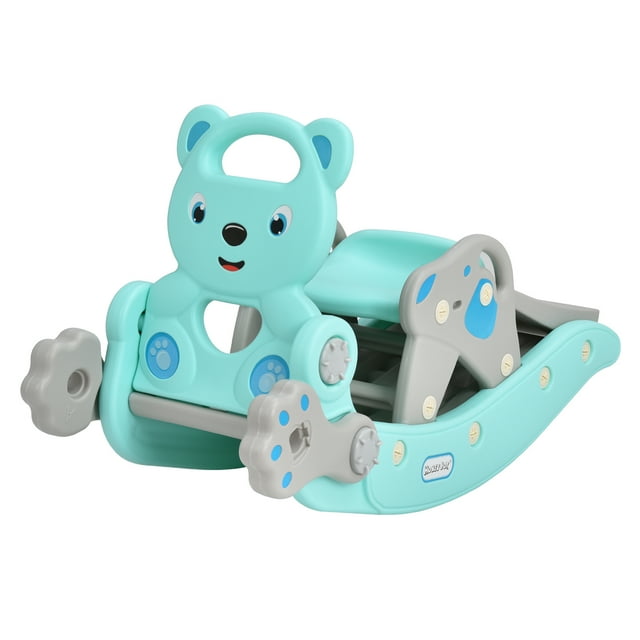 Patiojoy 5 in 1 Toddler Slide Rocking Toy Rocking Horse Playset with Slide Basketball Hoop Ring Toss Game Bule